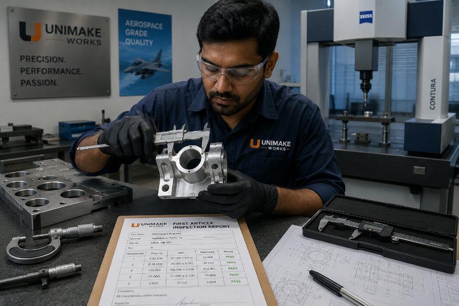 A Unimake Works machinist performing first-article inspection on an aerospace-grade aluminium component